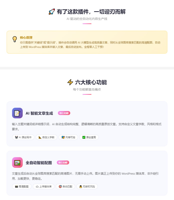 WordPress Ai文章自动发布插件:Ai自动写文、自动配图、自动发布、定时发布,全程零人工干预。操作简单 WordPress Ai文章自动发布插件:Ai自动写文、自动配图、自动发布、定时发布,全程零人工干预。操作简单