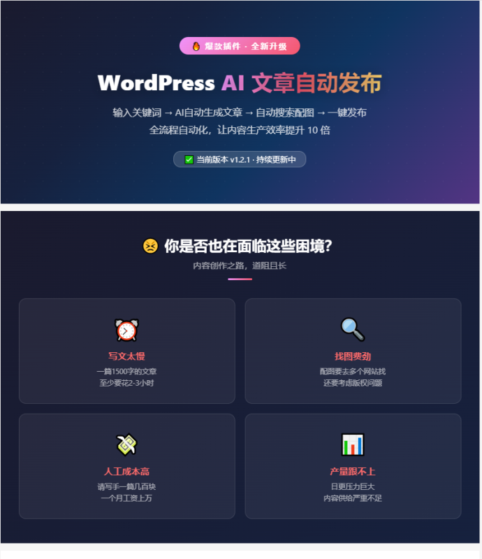 WordPress Ai文章自动发布插件:Ai自动写文、自动配图、自动发布、定时发布,全程零人工干预。操作简单 WordPress Ai文章自动发布插件:Ai自动写文、自动配图、自动发布、定时发布,全程零人工干预。操作简单